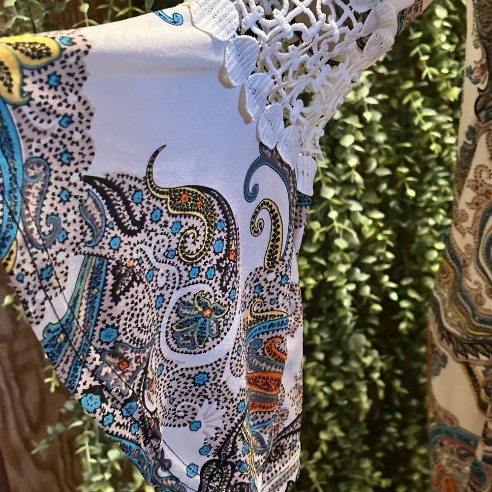 Paisley Print Dress with Lace Bell Sleeves - Picture 2 of 3